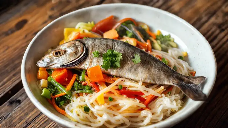 Hier ist das Gericht: Dampfender Fisch und Gemüse