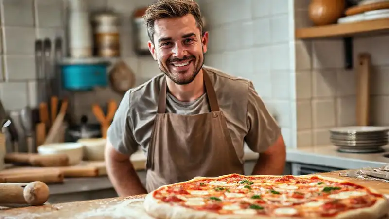 Hier ist eine kurze Antwort:Der Bäcker zaubert köstliche Pizza zu Hause