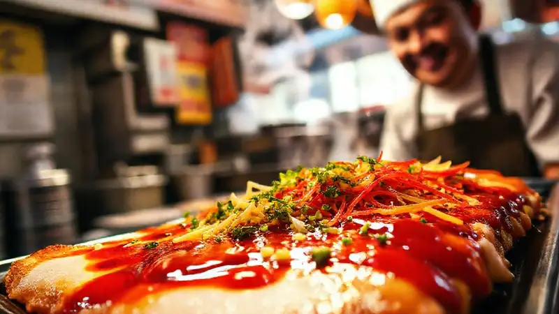 Hier ist das japanische Okonomiyaki leuchtet