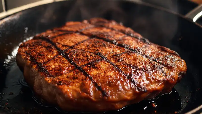 Hier ist das Steak: goldbraun