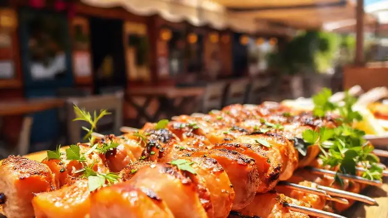 Hier ist das:Gegrilltes Souvlaki in griechischem Ambiente