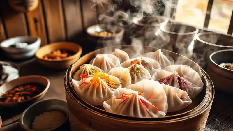 Hier ist eine kurze Antwort:“Gemüseladene Jiaozi in warmem Ambiente.”