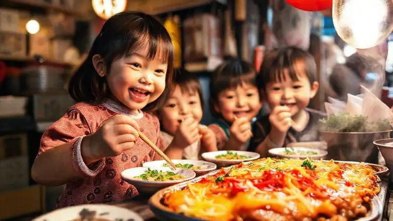Japanische Straßenstände bieten glückliches Okonomiyaki an