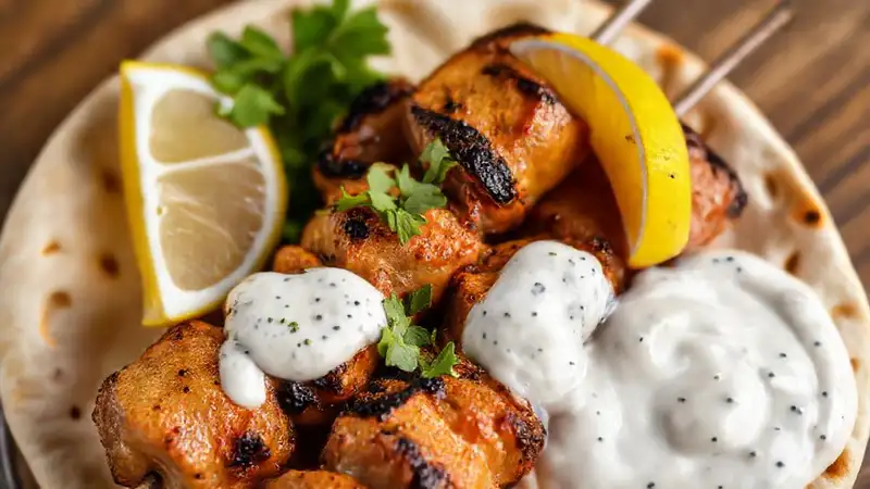 Mediterränes Souvlaki ist köstlich und farbenfroh