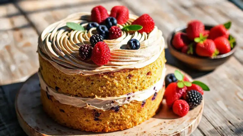 Hier ist eine Option:Ein lebendiger veganer Kuchen sieht einladend