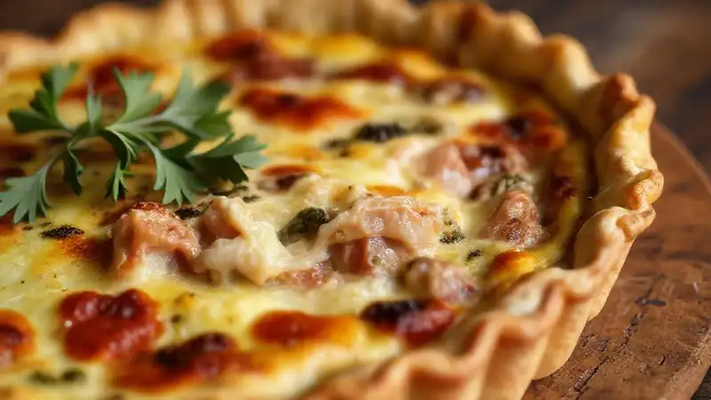 Ein warmer Quiche auf rustikaler Tischplatte