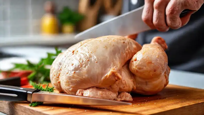 Hier ist eine kurze Antwort:Professionelle Küche präsentiert appetitliches Hähnchen